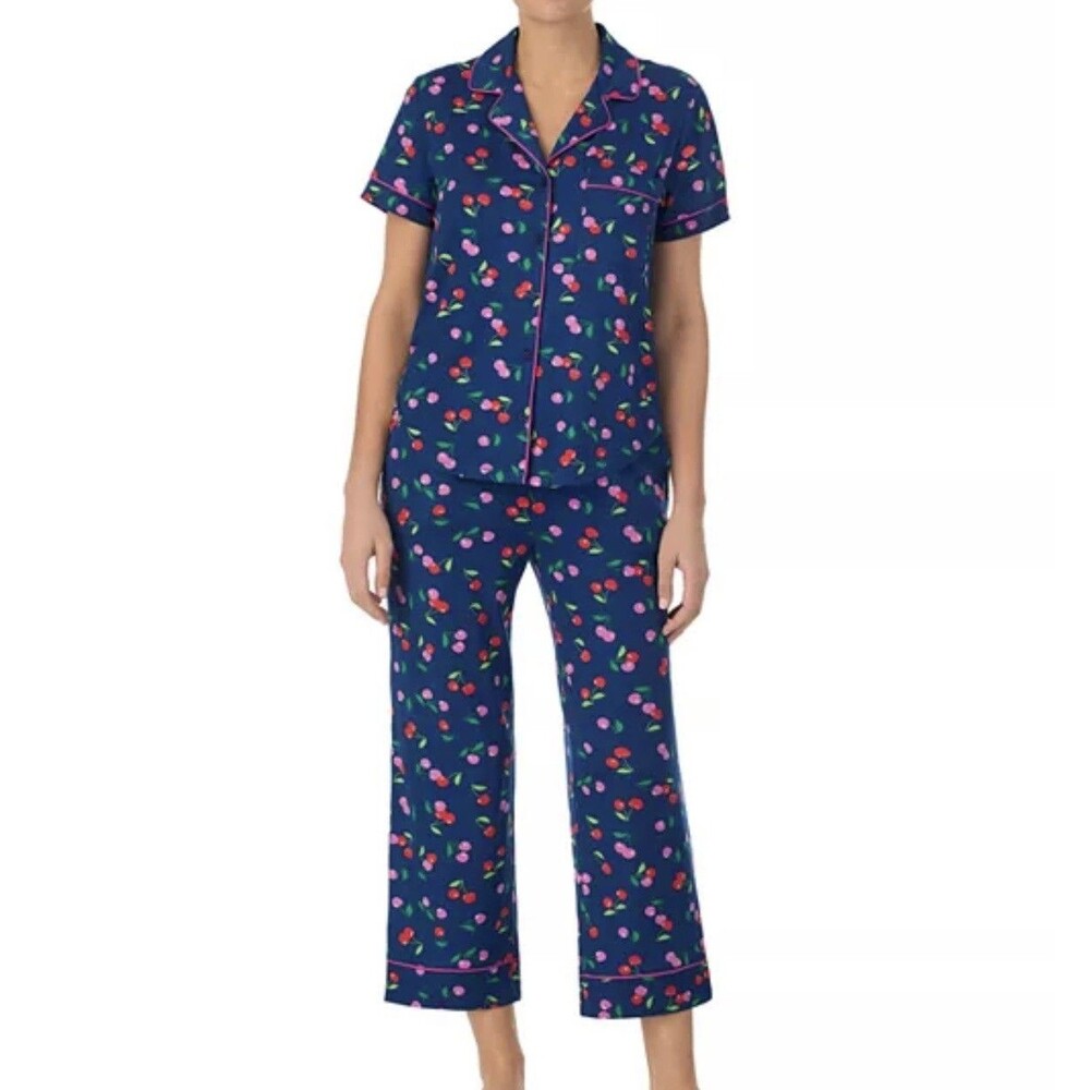 Kate Spade Navy Cherry Pajama Set Soft Knit Size Medium NWT